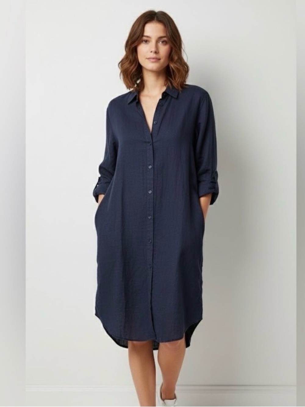 Roots 100% linen Navy Long-Sleeve Button-Front Shirt Dress